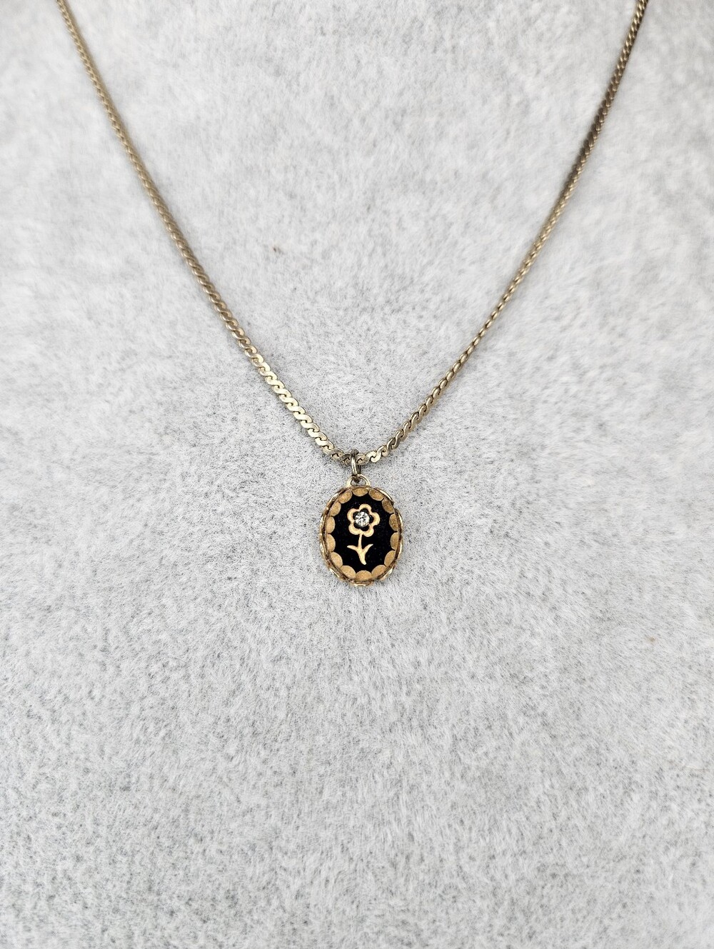 Vintage Victorian Revival Black Rhinestone Pendant Necklace Stamped NS 14"